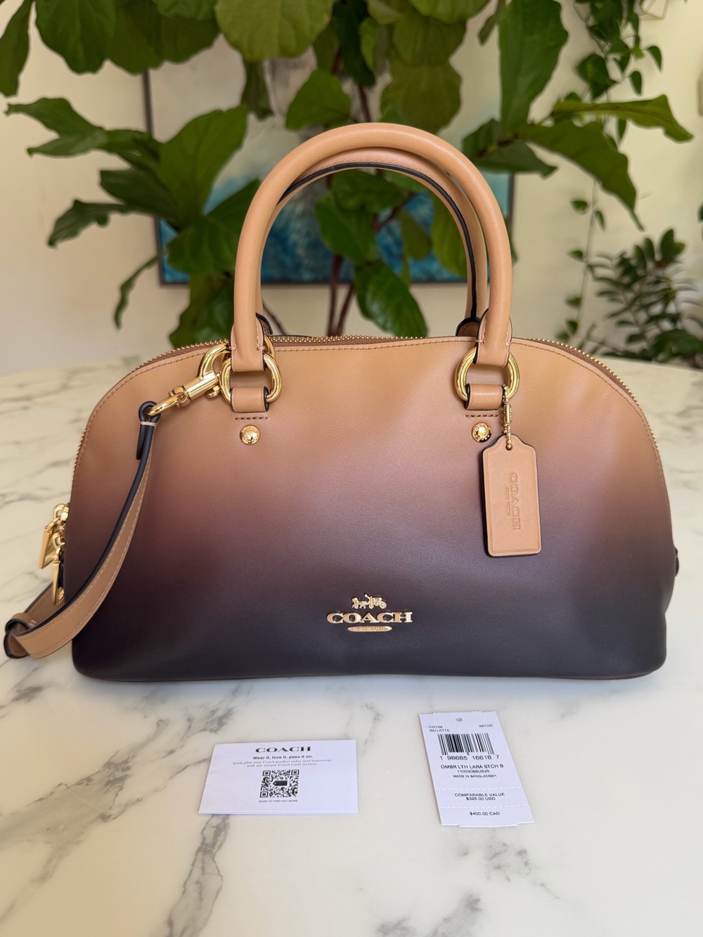 Coach Lara Satchel Bag Crossbody Bag Gold Latte Ombre Printed Leather CDY28